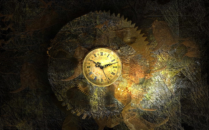 round brown Roman numeral analog clock, time, arrows, the dark background, vintage watch, HD wallpaper