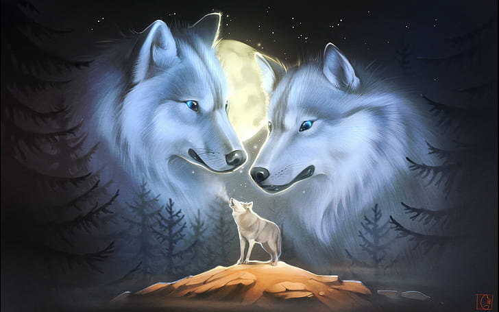 artwork, Carnivore, fantasy, Moon, night, predator, wolf, wolves, HD wallpaper
