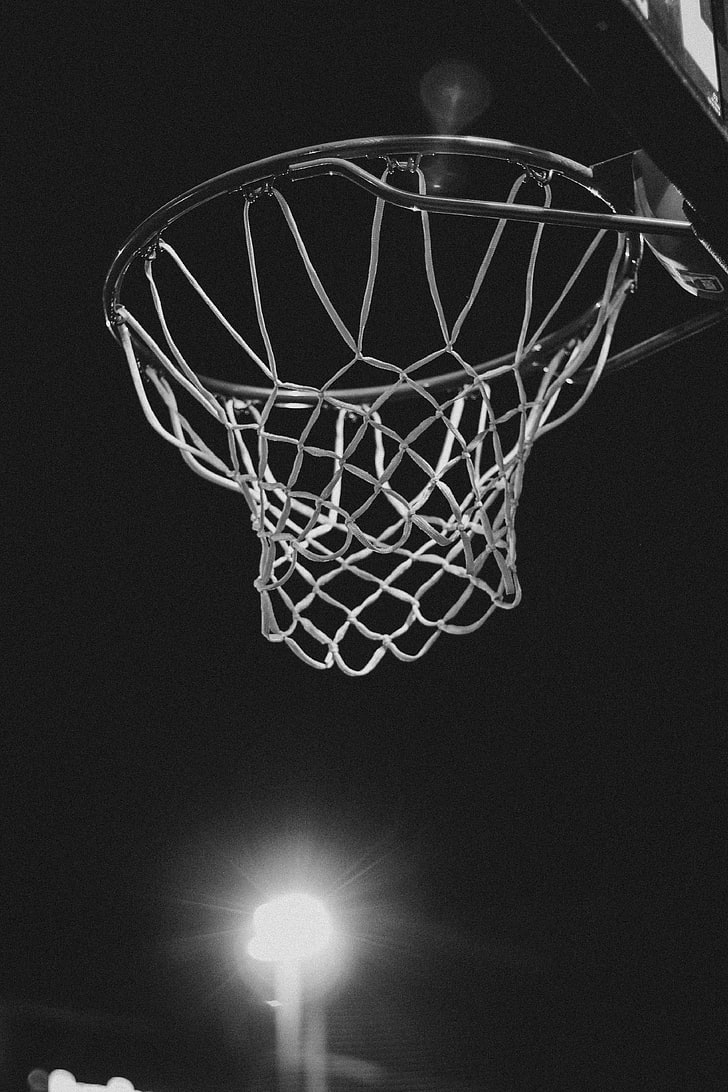 anello da basket grigio, anello da basket, bw, rete, basket, Sfondo HD, sfondo telefono