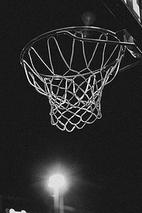 серое баскетбольное кольцо, баскетбольное кольцо, чб, сетка, баскетбол, HD обои HD wallpaper