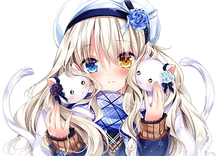 anime flicka, tvåfärgade ögon, katter, blond, söt, rodnad, Anime, HD tapet HD wallpaper