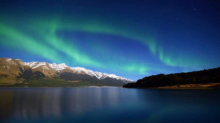 lampu utara dan badan air, lanskap, pegunungan, biru, aurora, alam, air, Wallpaper HD