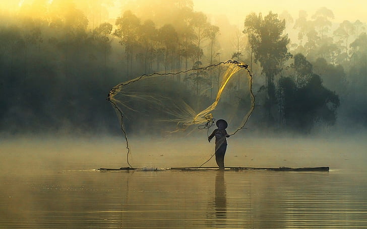 nature landscape sunrise mist forest fisherman fishing nets river trees boat, HD wallpaper