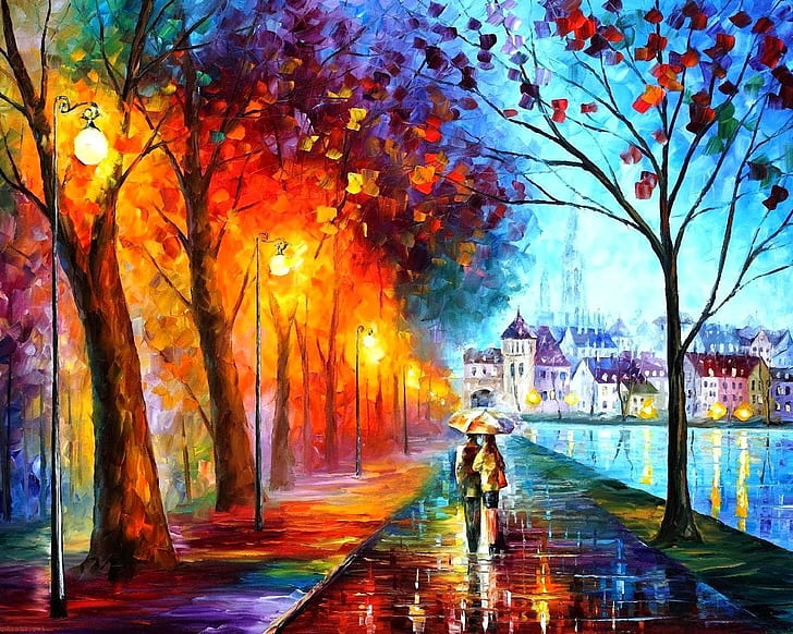 artwork, couple, Fall, Leonid Afremov, painting, path, Street Light, umbrella, HD wallpaper