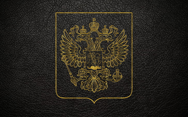 кожа, золото, черный фон, герб России, герб России, HD обои