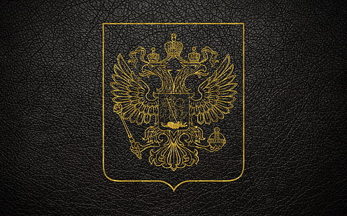  leather, gold, black background, coat of arms, Russia, coat of arms of Russia, HD wallpaper HD wallpaper