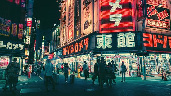 Ásia, cidade, urbano, noite, rua, pessoas, luzes da cidade, lojas, painéis, HD papel de parede HD wallpaper