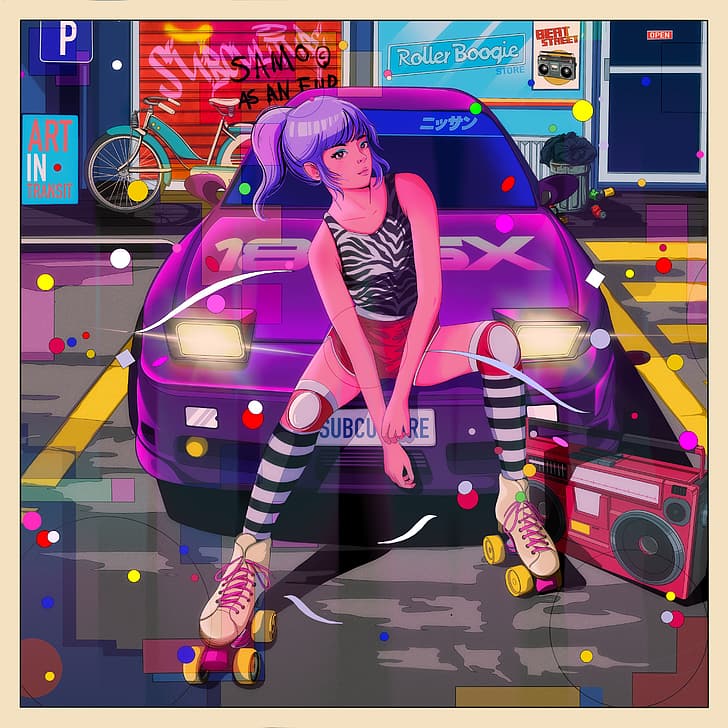 digital art, artwork, illustration, women, car, vehicle, street, roller skates, sitting, short hair, purple hair, Nissan 180SX, HD wallpaper