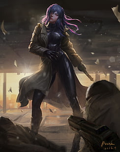 guerreiro, futurista, arma, mulheres, cabelos azuis, fantasma na concha, garotas com armas, HD papel de parede HD wallpaper