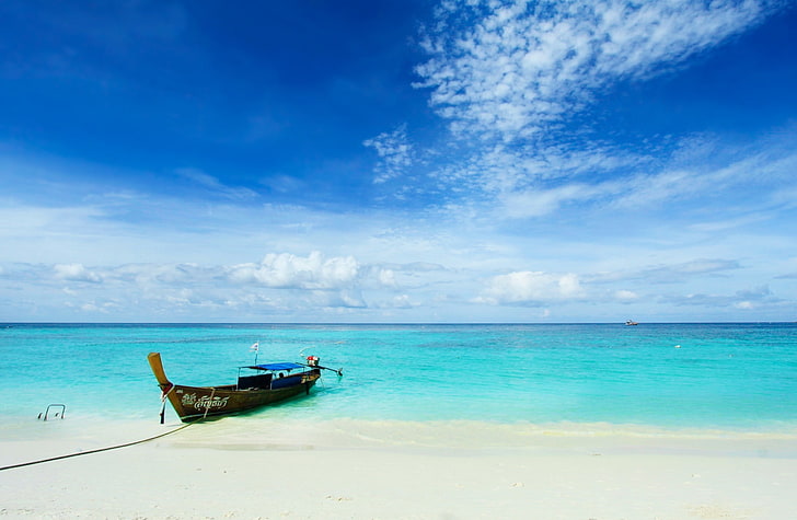 Остров Липе, Таиланд, коричневая деревянная лодка, Азия, Таиланд, пляж, море, пейзаж, lipeisland, лодка, блюески, HD обои