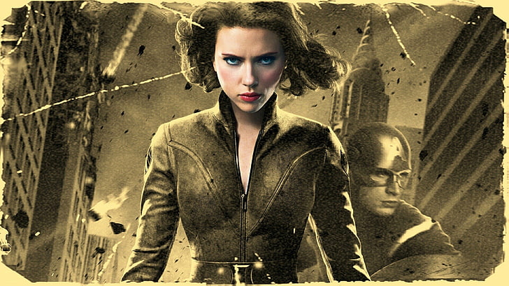 Marvel Cinematic Universe 일러스트, 영화, 어벤져 스, 캡틴 아메리카, 블랙 위도우, 세피아, 선택적 채색, 필터, Scarlett Johansson, Marvel Cinematic Universe의 Natasha Romanoff와 같은 Scarlett Johansson, HD 배경 화면