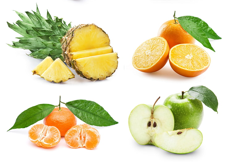 ananas, orange et pomme, fruit, ananas, pomme, orange, mandarine, Fond d'écran HD