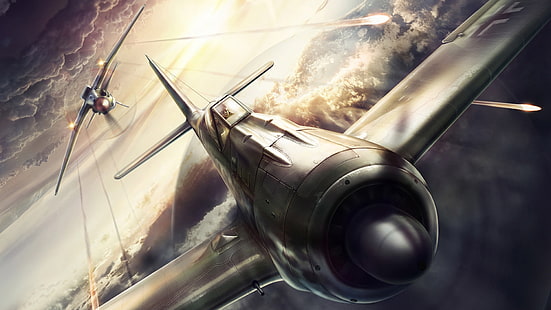 серый самолет обои, дизайн, самолёт, атака, рисунок, истребитель, битва, огонь, вторая мировая война, компьютерная графика, МиГ-3, Focke-Wulf 190, HD обои HD wallpaper