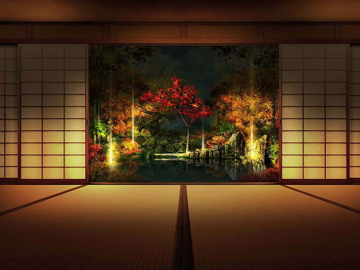décor mural de plantes à feuilles rouges, méditation, Japon, salle, architecture asiatique, Fond d'écran HD