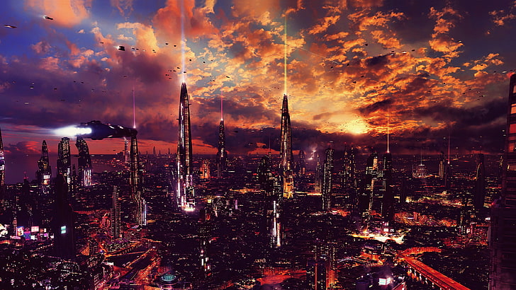 cityscape view of city during nighttime, night, artwork, futuristic city, science fiction, digital art, concept art, cityscape, futuristic, sunset, clouds, HD wallpaper