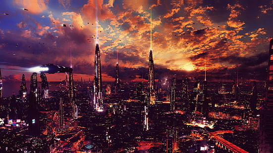 vista del paesaggio urbano della città durante la notte, notte, opere d'arte, città futuristica, fantascienza, arte digitale, concept art, paesaggio urbano, futuristico, tramonto, nuvole, Sfondo HD HD wallpaper