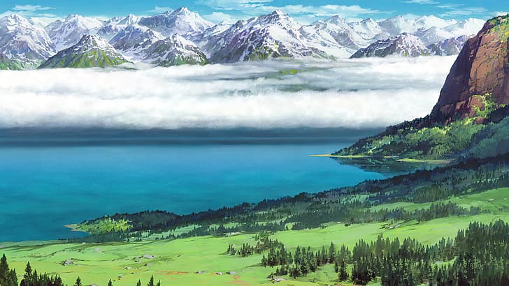 Ruchomy Zamek Hauru, filmy animowane, anime, animacja, Studio Ghibli, fotosy filmowe, krajobraz, chmury, góry, jezioro, drzewa, Hayao Miyazaki, Tapety HD