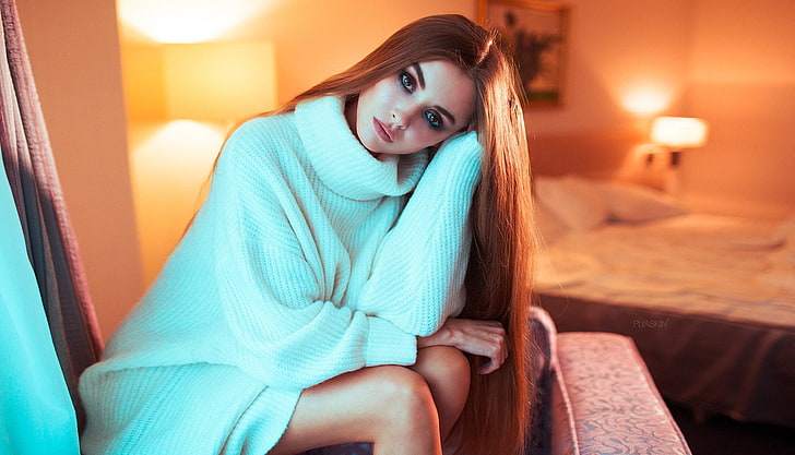 lamp, brown eyes, sitting, long hair, Vitaly Plyaskin, model, makeup, white sweater, women, face, bed, HD wallpaper