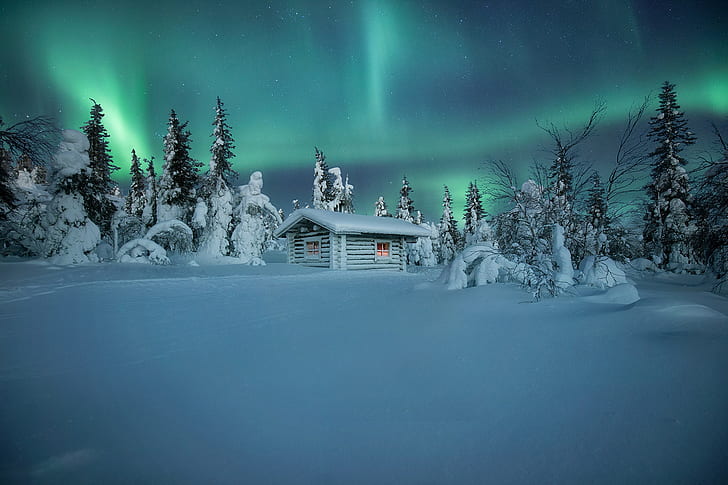 zima, śnieg, drzewa, chata, zorza polarna, śnieg, Finlandia, Andrey Bazanov, Tapety HD