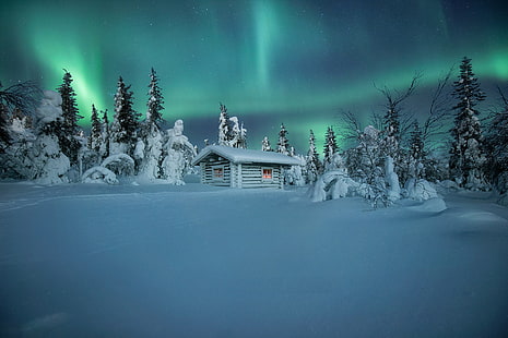 зима, сняг, дървета, хижа, северно сияние, сняг, Финландия, Андрей Базанов, HD тапет HD wallpaper