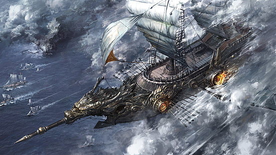 arte de fantasía, barco, flota, barco viejo, velero, Fondo de pantalla HD HD wallpaper