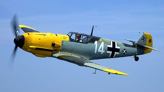szaro-żółty dwupłatowiec, lot, samolot, myśliwiec, pilot, śmigło, Me-109, Messerschmitt, BF-109, Tapety HD HD wallpaper