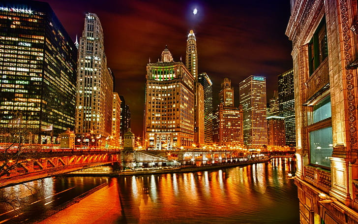 Kota Listrik, refleksi, indah, lampu, listrik, malam, bagus, alam, indah, air, gedung pencakar langit, amaz, Wallpaper HD