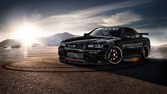 black Nissan GTR, car, Nissan, Skyline R34, Nissan Skyline GT-R R34, HD wallpaper HD wallpaper