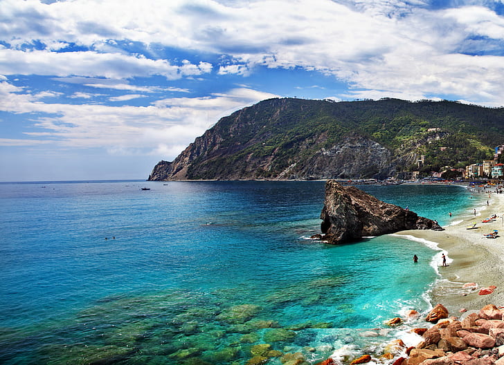 Italy, Liguria, sea, seashore photo, Italy, rocks, beach, mountains, coast, Liguria, sea, HD wallpaper