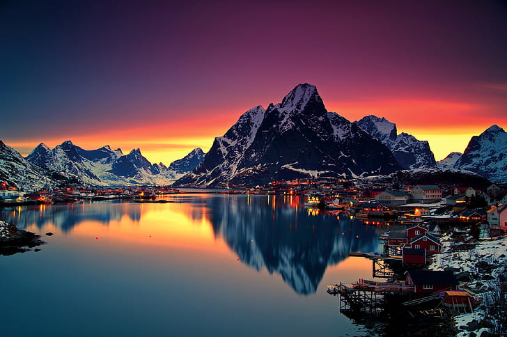montagnes, norvège, monde, hd, 4k, réflexion, coucher de soleil, lever du soleil, crépuscule, aube, Fond d'écran HD