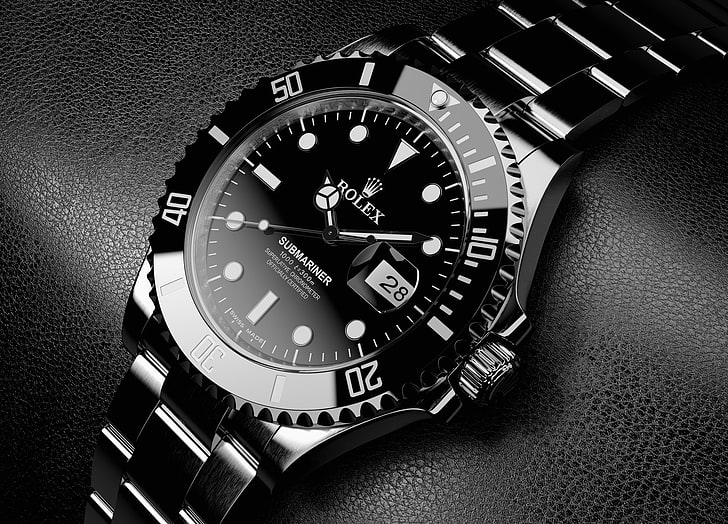 кръгъл аналогов часовник Rolex със сребърен цвят, сребърен, черен, часовник, елегантен, черна кожа, титан, Rolex, HD тапет