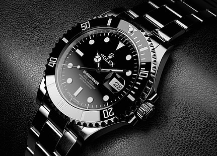 relógio analógico Rolex redondo prateado, prateado, preto, elegante, couro preto, titânio, Rolex, HD papel de parede HD wallpaper