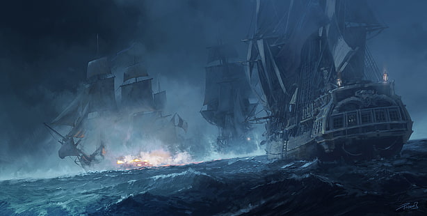 Projeto 3d, piratas, navio, batalha oceânica, canhões, HD papel de parede HD wallpaper