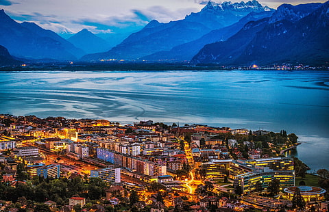 Switzerland, Vevey on Lake Geneva, Switzerland, lights, landscape, mountains, house, coast, night, lake, Vevey on Lake Geneva, HD wallpaper HD wallpaper