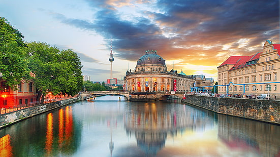 water, canal, spree river, spree canal, urban area, tourist attraction, museum island, cityscape, city, berlin, bode museum, landmark, sky, waterway, reflection, river, europe, germany, HD wallpaper HD wallpaper