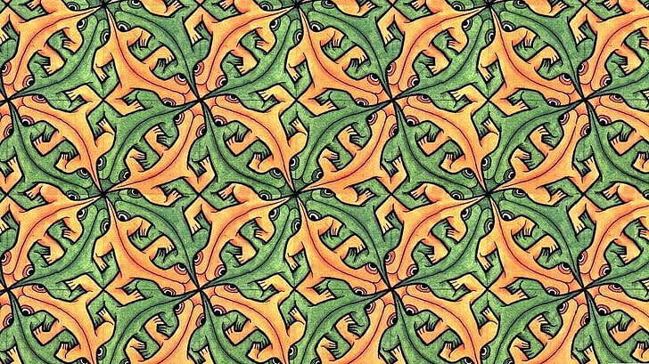 pintura abstracta verde, marrón y negra, obras de arte, dibujo, M. C. Escher, simetría, ilusión óptica, animales, lagartos, Fondo de pantalla HD