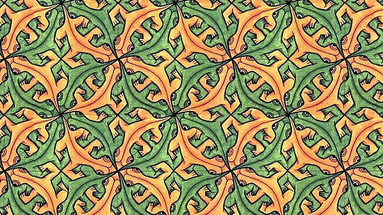 pintura abstracta verde, marrón y negra, obras de arte, dibujo, M. C. Escher, simetría, ilusión óptica, animales, lagartos, Fondo de pantalla HD HD wallpaper