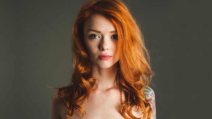 woman's orange hair, woman with red hair with shoulder tattoo, tattoo, Lass Suicide, Suicide Girls, redhead, women, model, simple background, bare shoulders, lipstick, green eyes, HD wallpaper