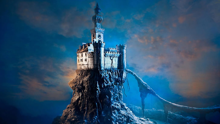 castillo, arte fantasía, obra de arte, tierra de los sueños, noche, Fondo de pantalla HD