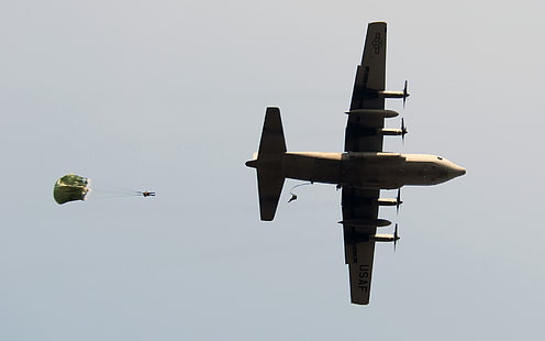 airplane, Lockheed C-130 Hercules, warplanes, parachutes, HD wallpaper HD wallpaper