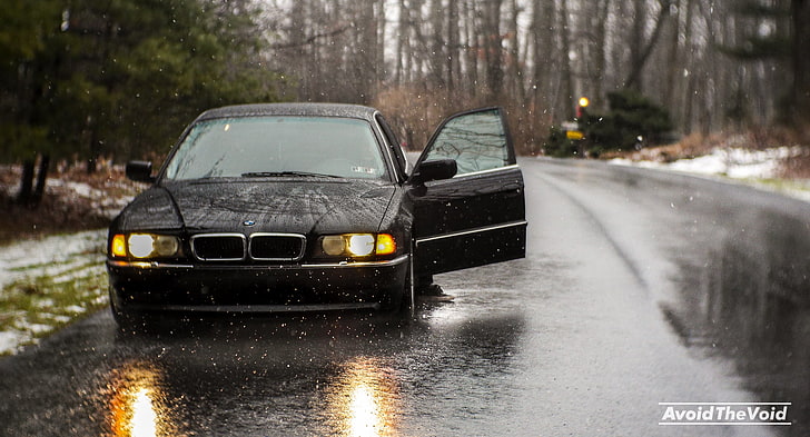 black BMW car, road, snow, overcast, Boomer, seven, e38, bumer, bmw 740, HD wallpaper