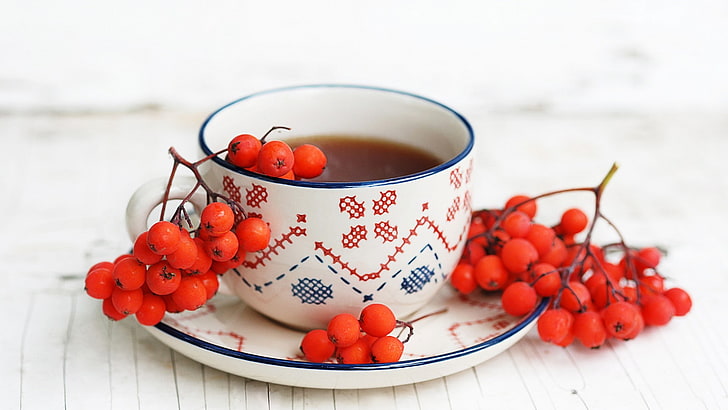 ягоды, чашка, чай, фрукты, натюрморт, HD обои