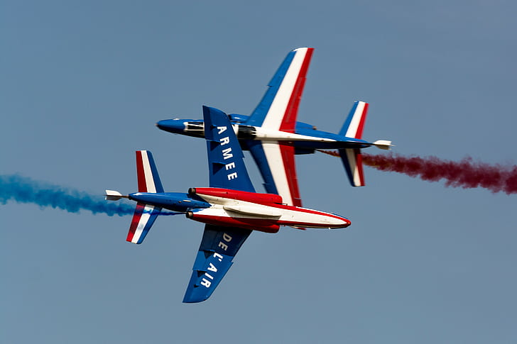 авиашоу, самолет, Patrouille de France, самолеты, синий, белый, красный, автомобиль, HD обои