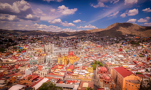 le ciel, le soleil, les nuages, le paysage, les montagnes, la ville, la maison, le Mexique, le panorama, la vue du haut, Guanajuato, Fond d'écran HD HD wallpaper