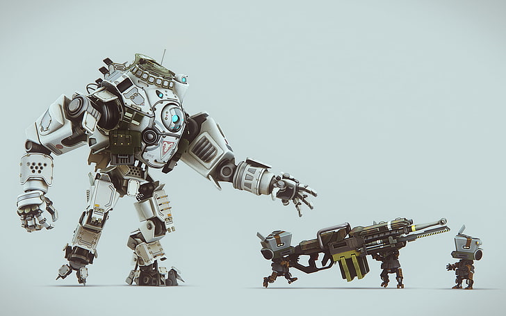 회색 로봇 장난감, 회색 로봇 일러스트, Titanfall, 애니메이션, 소총, 디지털 아트, SliD3, 로봇, 무기, 비디오 게임, 삽화, HD 배경 화면