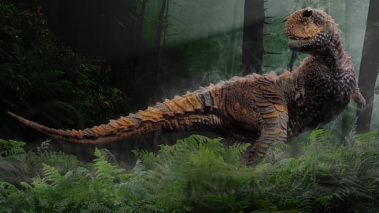 brązowy i szary dinozaur w środku lasu, dinozaury, karnotaur, Tapety HD HD wallpaper