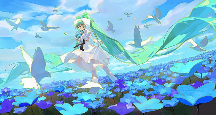 Vocaloid, Hatsune Miku, anime girls, blue flowers, flowers, looking at viewer, looking back, animals, green hair, birds, sky, turquoise eyes, white dress, turquoise hair, Japanese, long hair, White ribbon, hair ribbon, ribbon, clouds, black ribbons, guguzi, dress, field, HD wallpaper