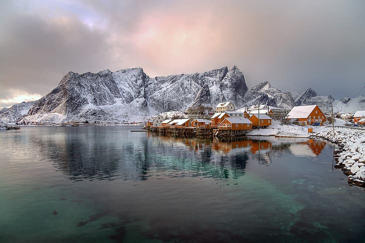 winter, mountains, home, Norway, the village, the fjord, The Lofoten Islands, HD wallpaper