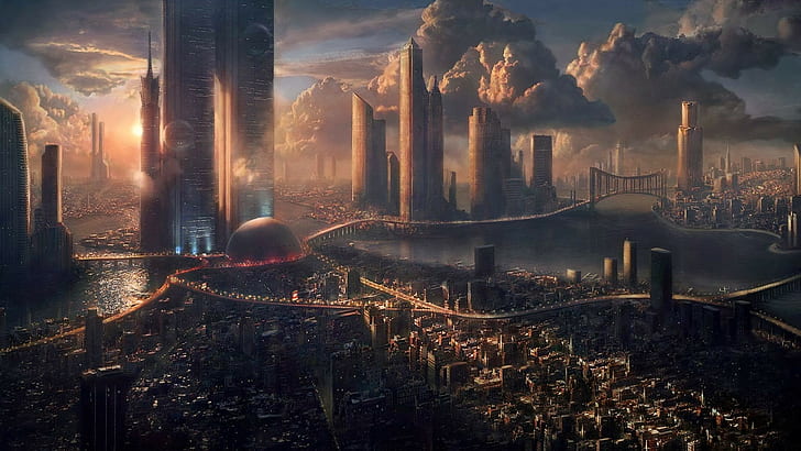 kota futuristik, lanskap kota, fiksi ilmiah, seni digital, Wallpaper HD