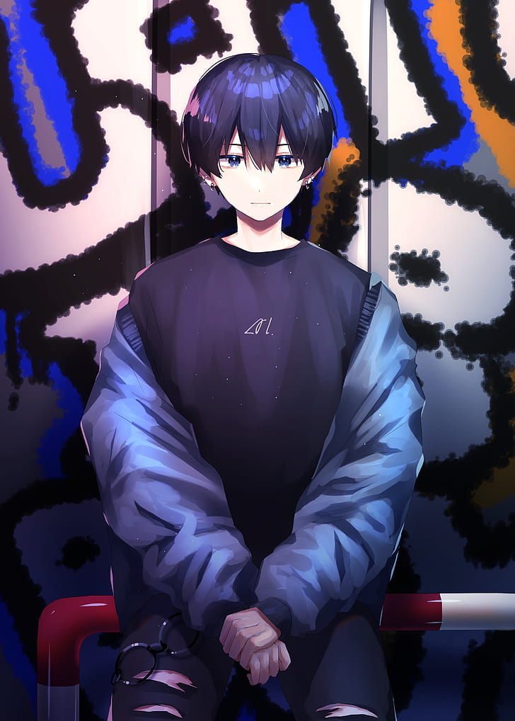 Hombre Sentado Anime Jeans Rotos Aretes Cabello Azul Ojos Azules Fondo De Pantalla Hd Wallpaperbetter